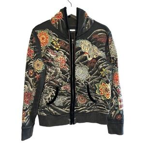Rare Y2K vtg Lucky Brand L-XL tattoo asian hooodie full‎ zip sweatshirt